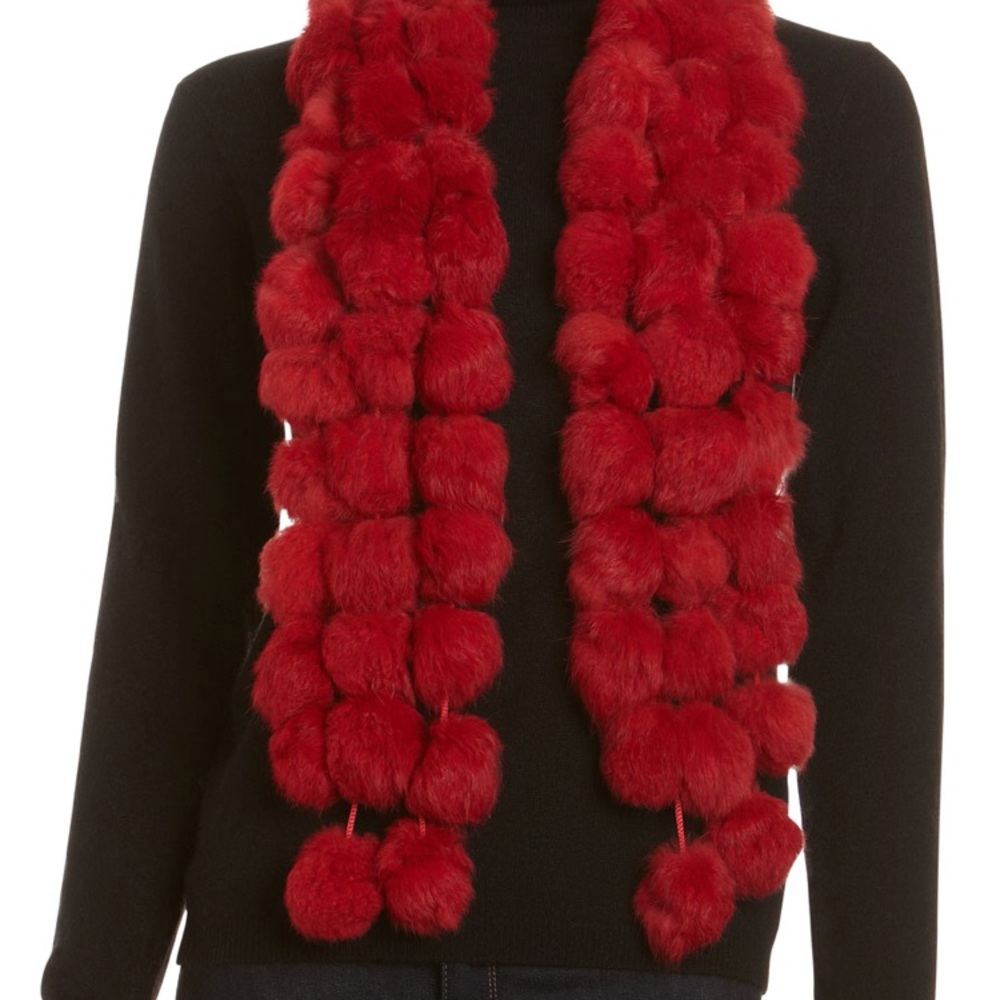 Adrienne Landau red Pom Pom scarf